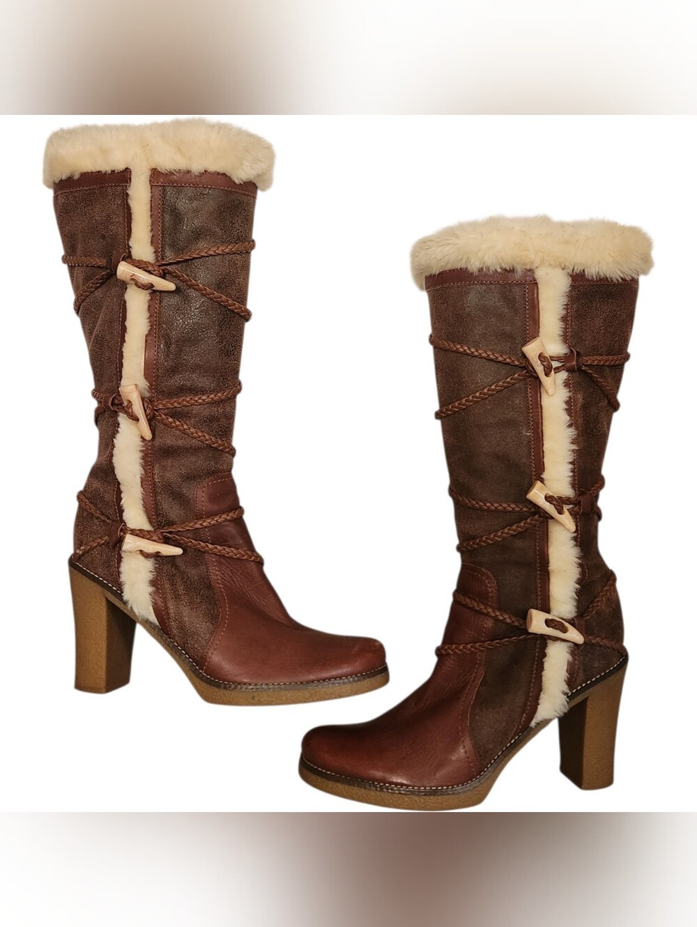 BCBGirls Y2K Brown Leather Faux Fur Toggle Knee High Boots
